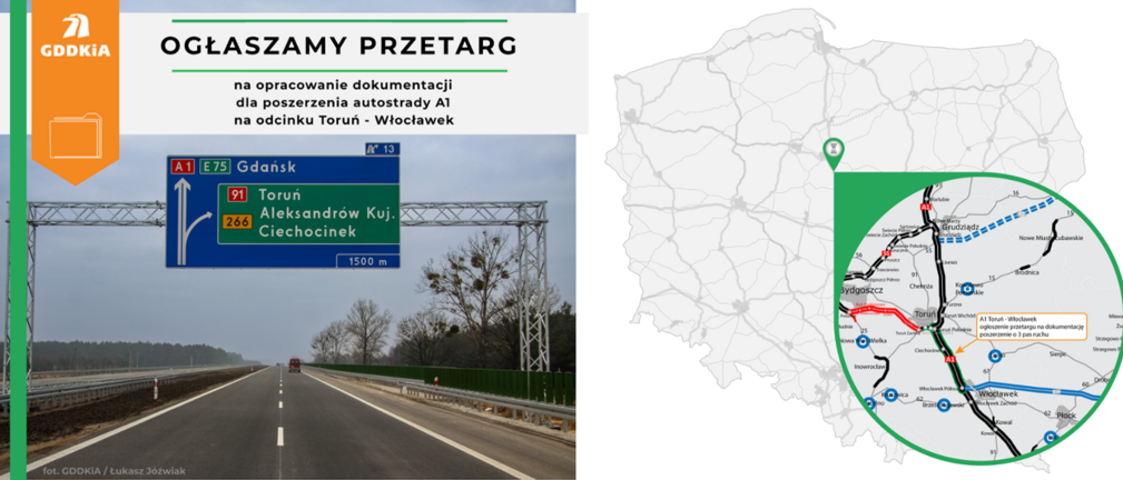Autostrada A1 na odcinku Toruń-Włocławek będzie poszerzona